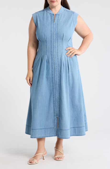 Pintuck Denim Midi Dress