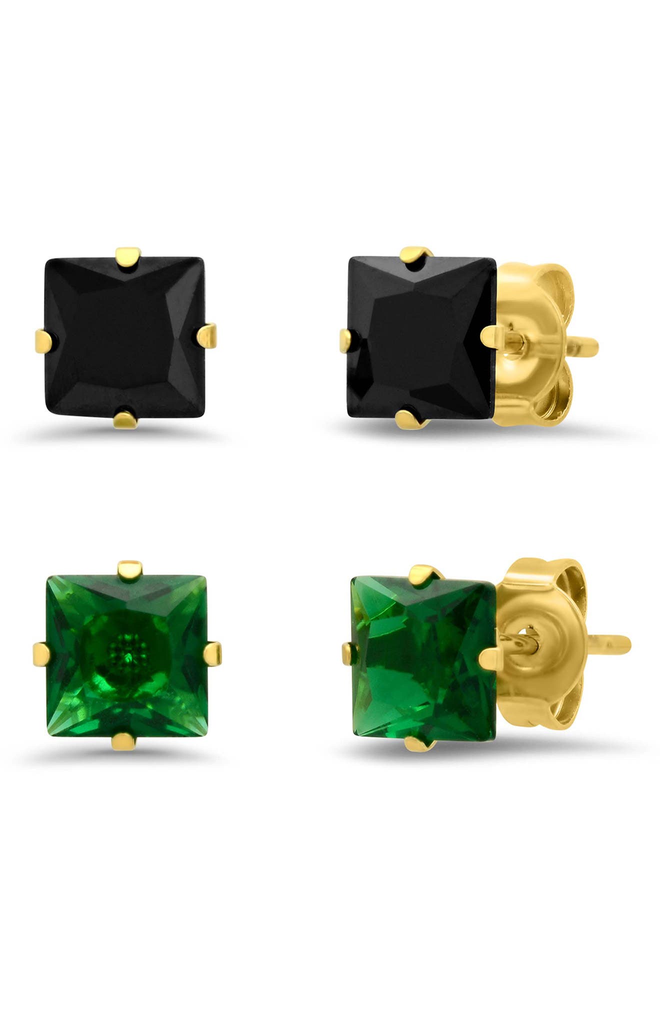 Steeltime Set Of 2 Princess Cut Stud Earrings In Gold