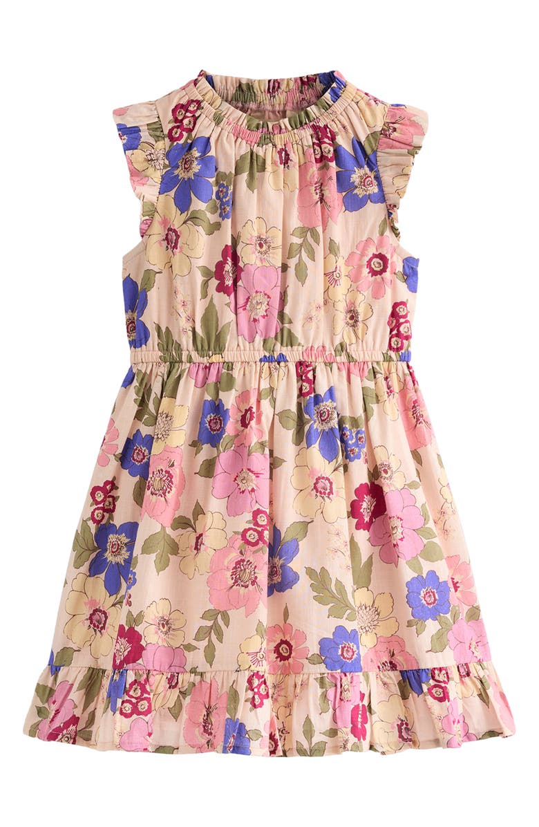 Mini Boden Kids' Gathered Elastic Waist Dress, Main, color, Blooming Pink Floral Bloom