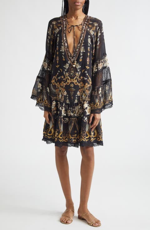 Flamenco Folklore Print Long Sleeve Tiered Ruffle Silk Minidress