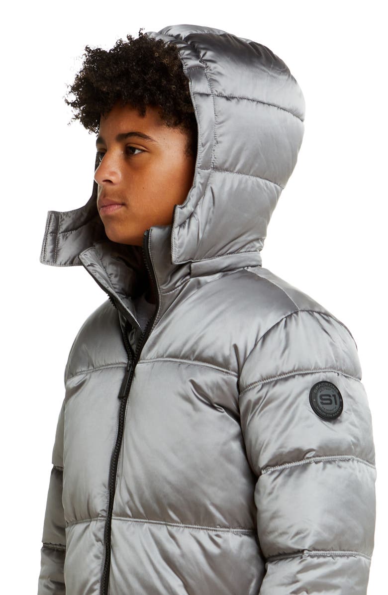 Andy & Evan x SPACEONE Kids' Galactic Reversible Hooded Puffer Jacket, Alternate, color, Moon Grey