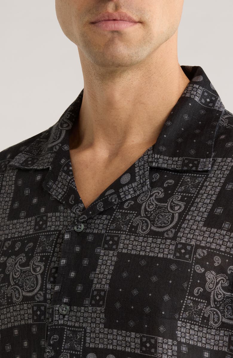 John Varvatos Dan Bandana Print Linen Camp Shirt, Alternate, color, Black