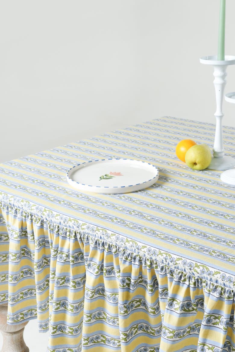 Provence Ruffled Blockprint Tablecloth in Butter Yellow, Alternate, color, Butter Yellow - 60x90