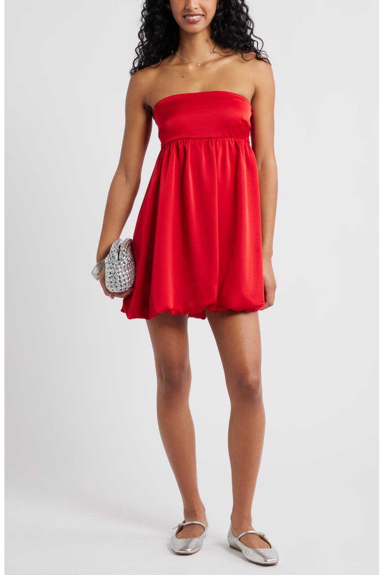 Satin Bow Back Bubble Minidress, Main, color, RED SALSA