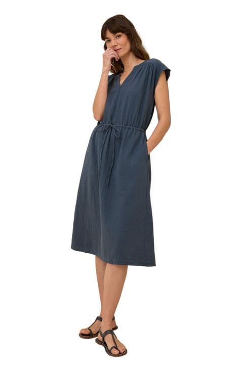 Organic Cotton Coastal Double Gauze Tie Waist Midi Dress