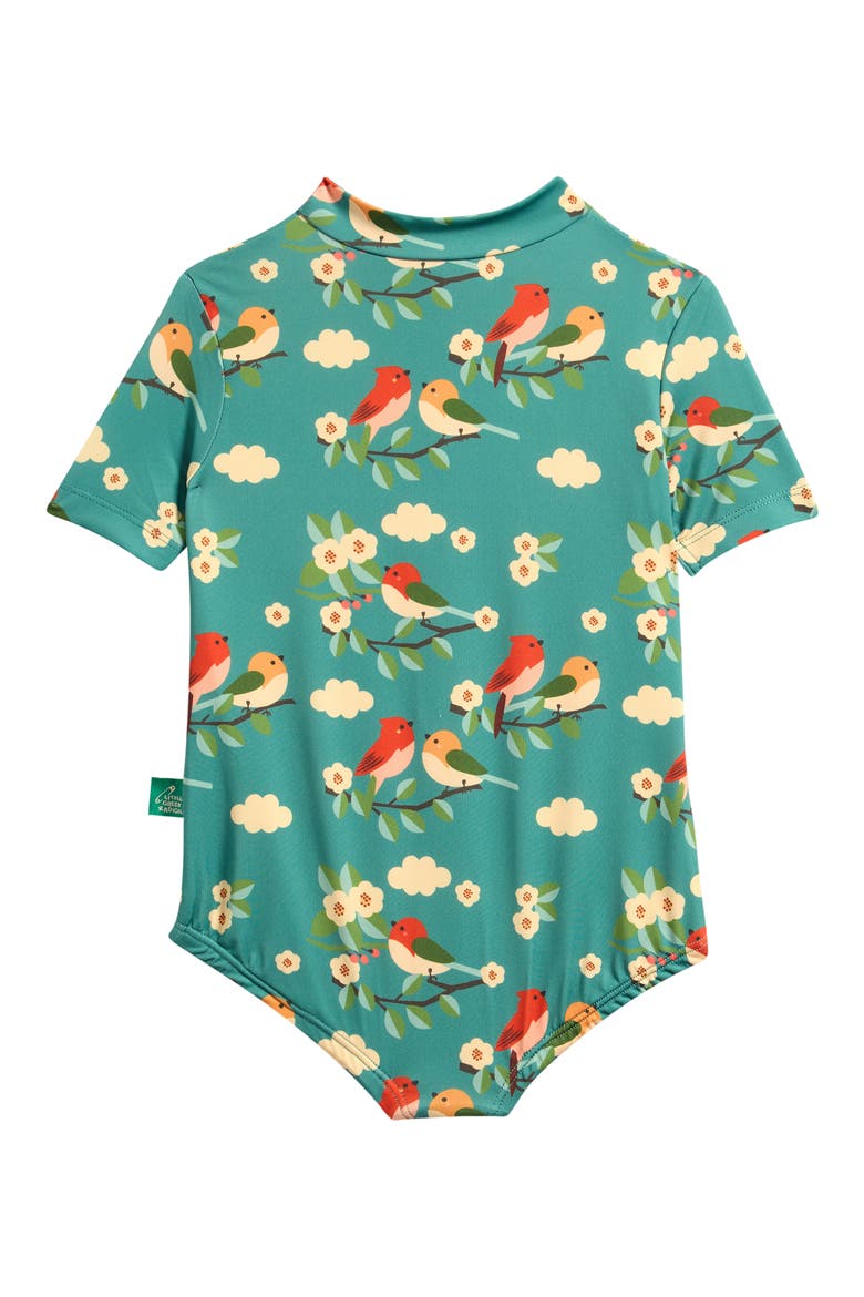 Kids' Turquoise Birds UPF 50+ One-Piece Rashguard Swimsuit, Alternate, color, TURQUOISE