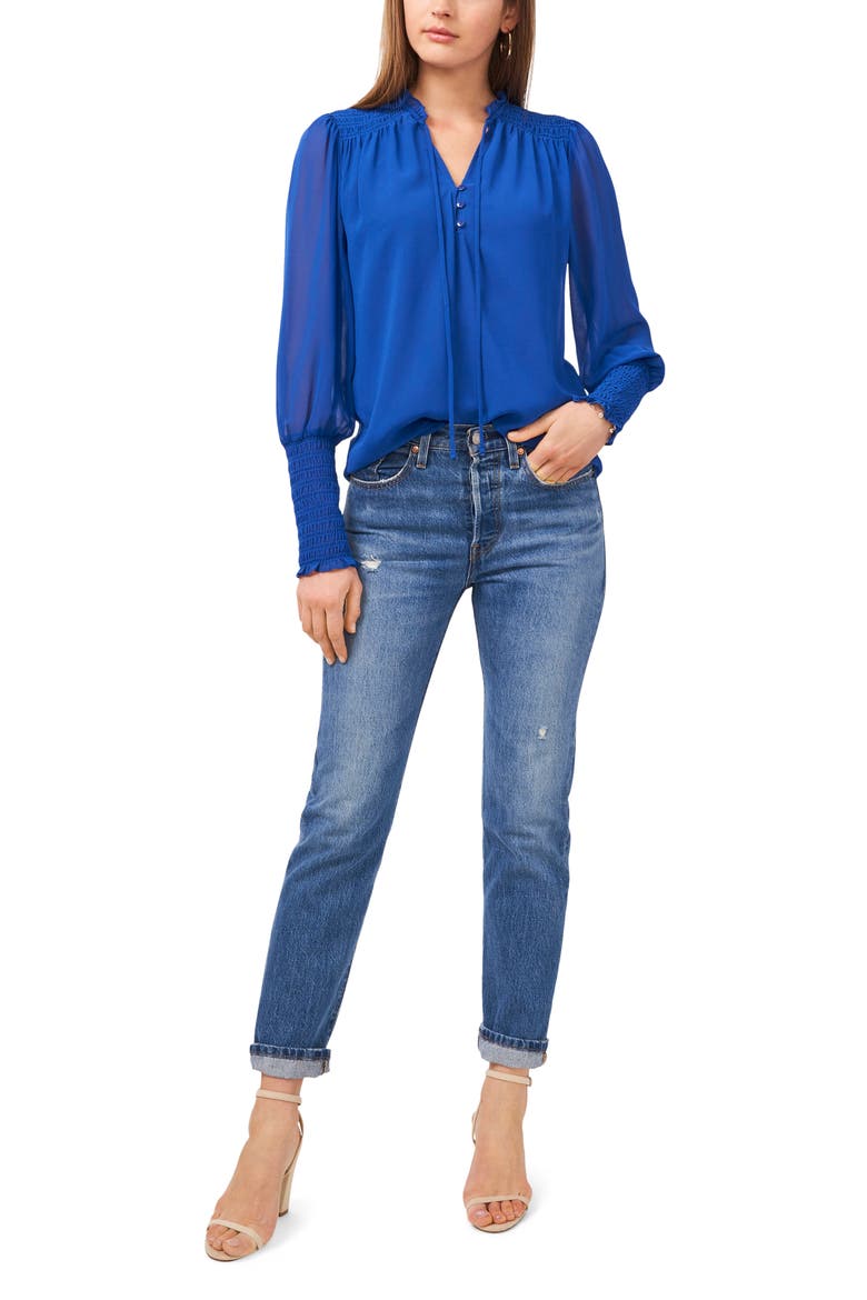Leopard Print Shirred Tie Neck Blouse, Alternate, color, COBALT SEA
