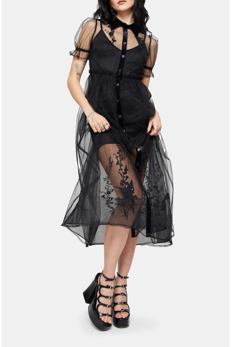 Aria Embroidered Tulle Shirt Dress, Alternate, color, Black