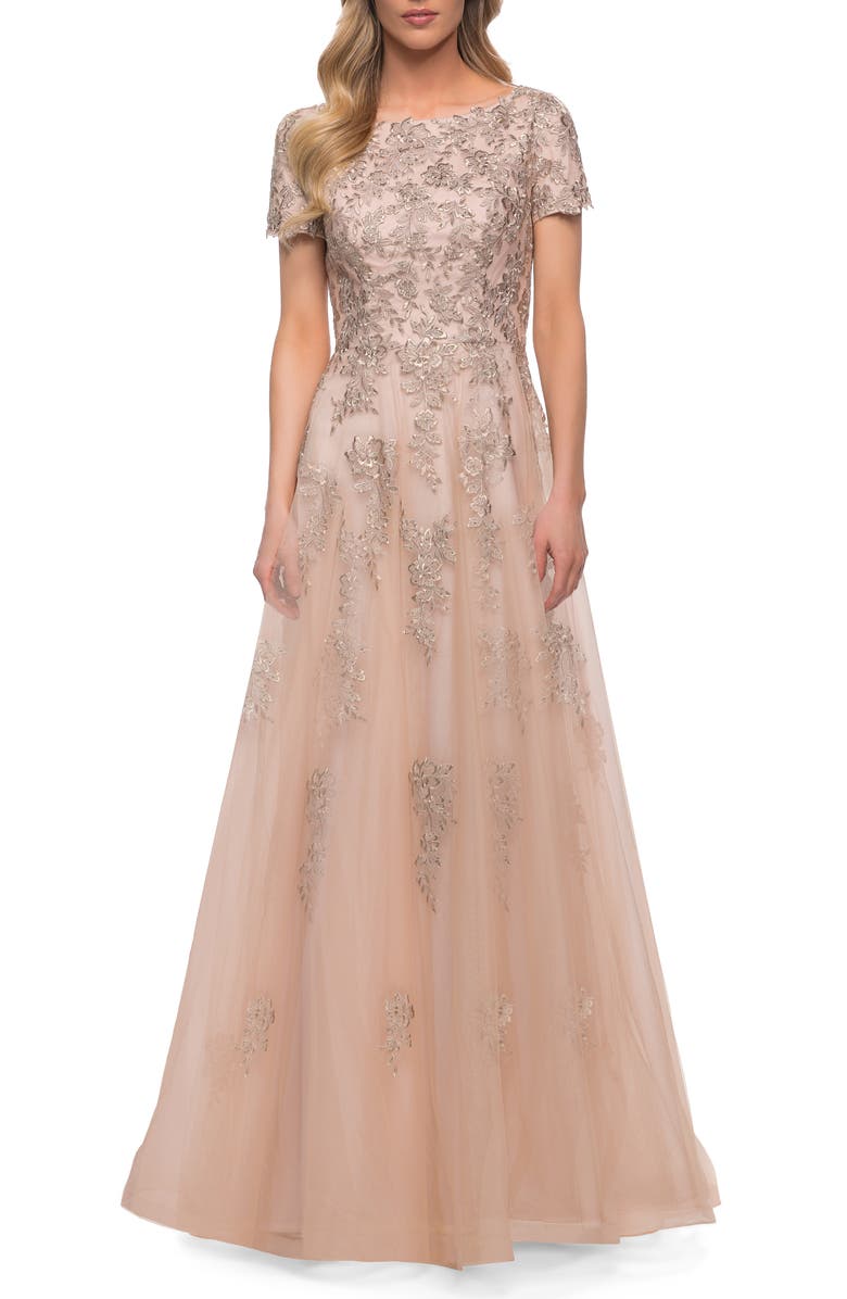 La Femme A Line Tulle and Lace Gown with Short Sleeves, Main, color, Nude