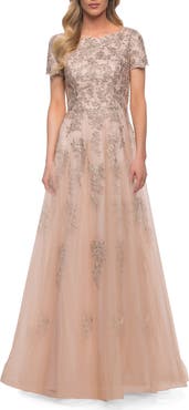 La Femme A Line Tulle and Lace Gown with Short Sleeves