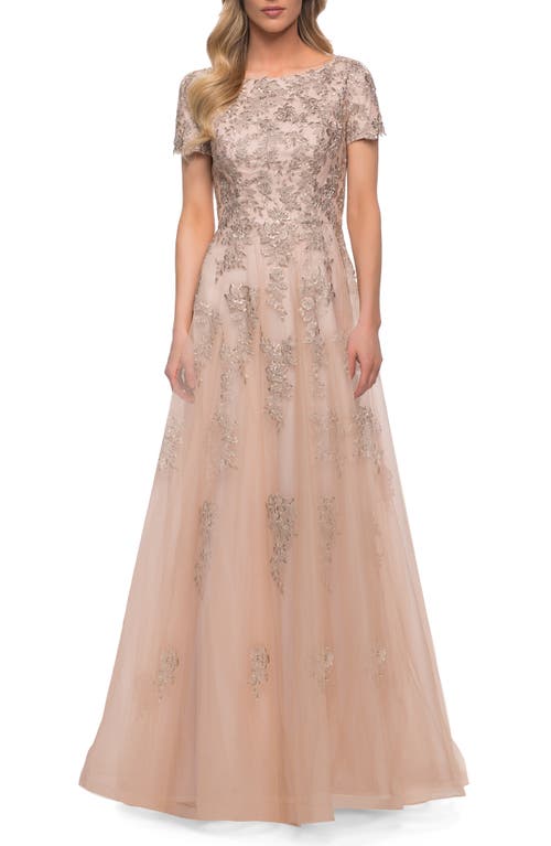 La Femme A Line Tulle And Lace Gown With Short Sleeves In Nude