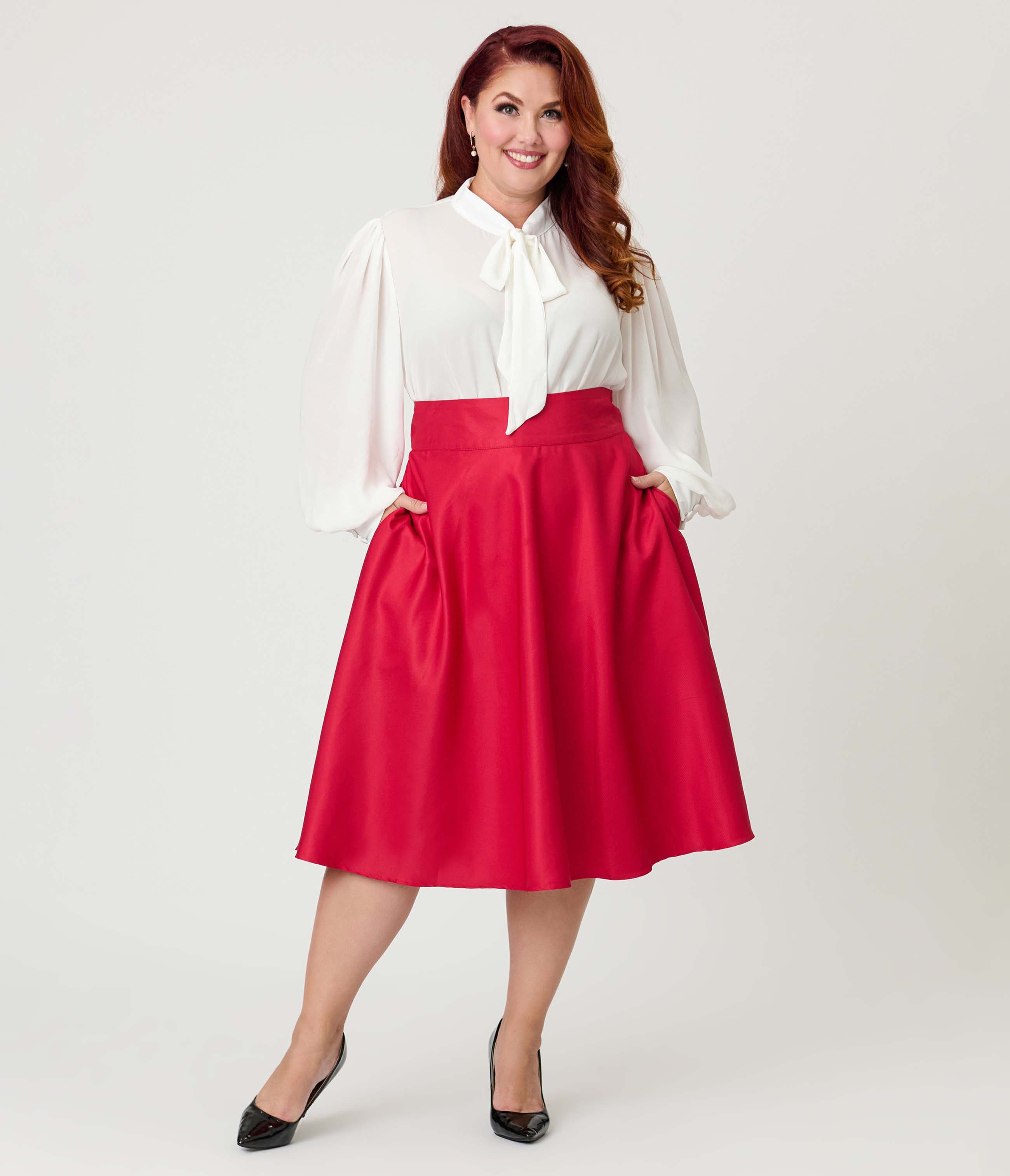 Unique Vintage Plus Size Retro Style High Waist Vivien Swing Skirt In Red