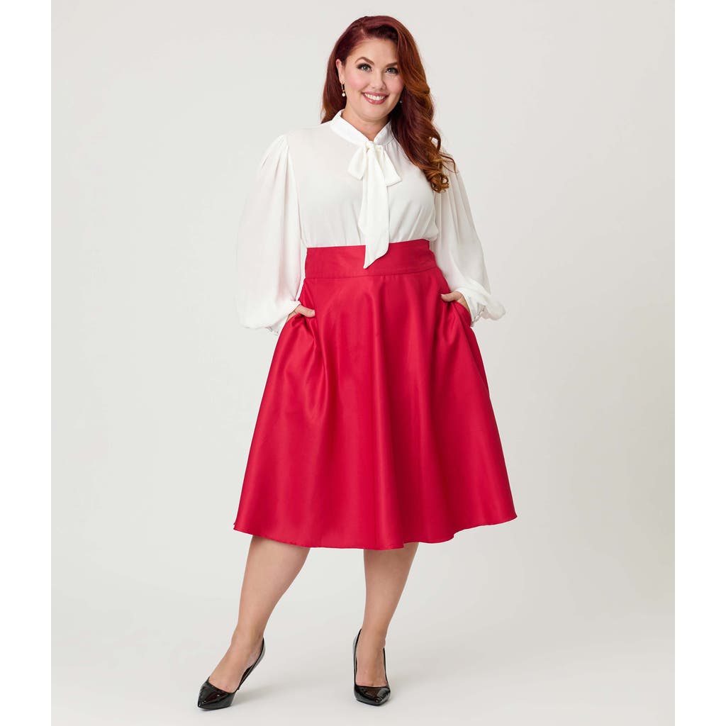 Unique Vintage Plus Size Retro Style High Waist Vivien Swing Skirt In Red