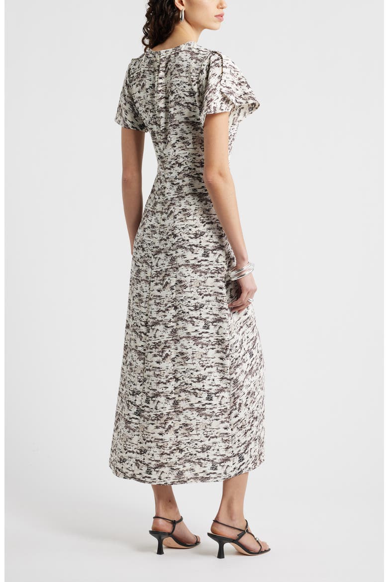 Split Sleeve Side Smocked Midi Dress, Alternate, color, IVORY- BROWN TEXTURAL