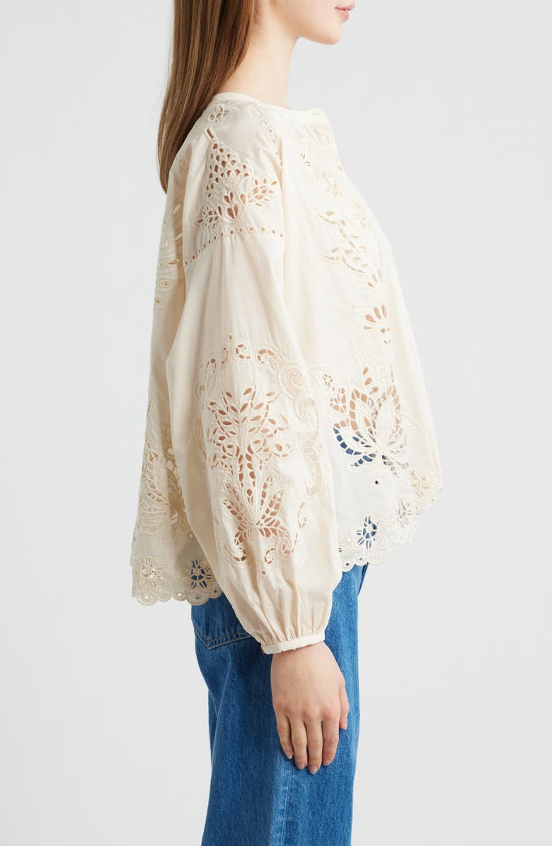 FARM Rio Artisanal Embroidered Eyelet Cotton Button-Up Shirt, Alternate, color, Light Pink