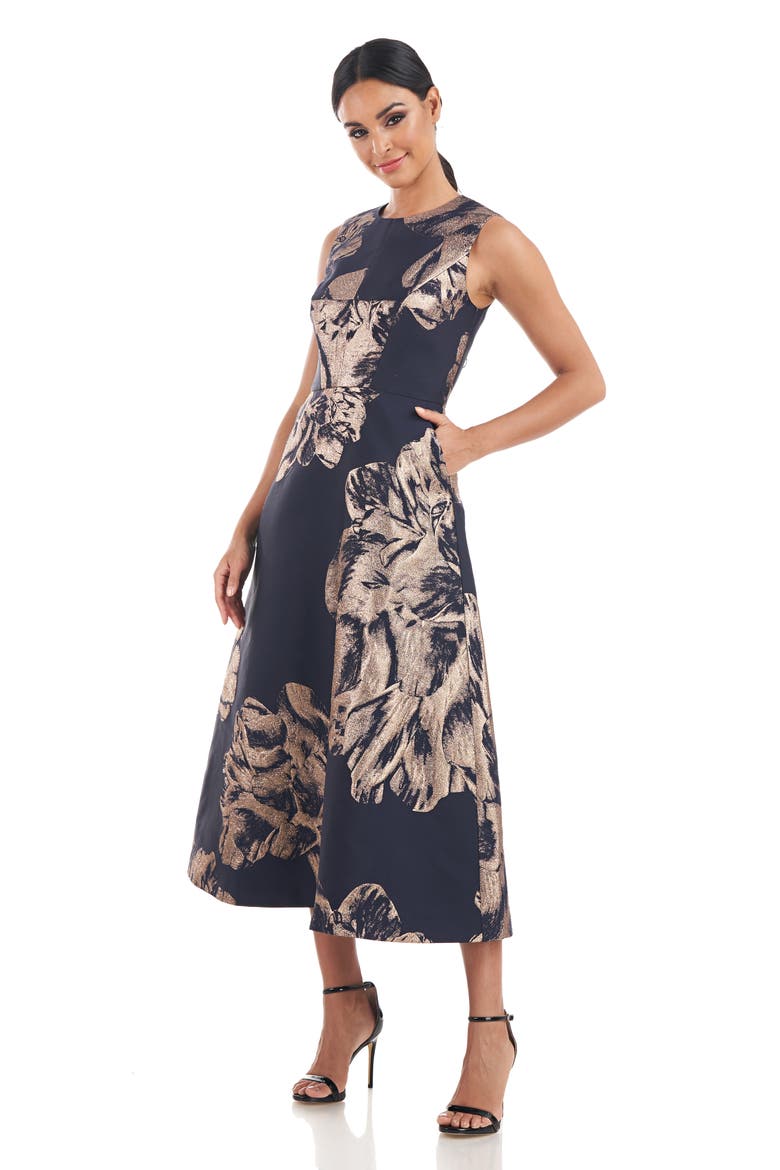 Molly Floral Metallic Jacquard A-Line Midi Dress, Alternate, color, NAVY/ BRONZE