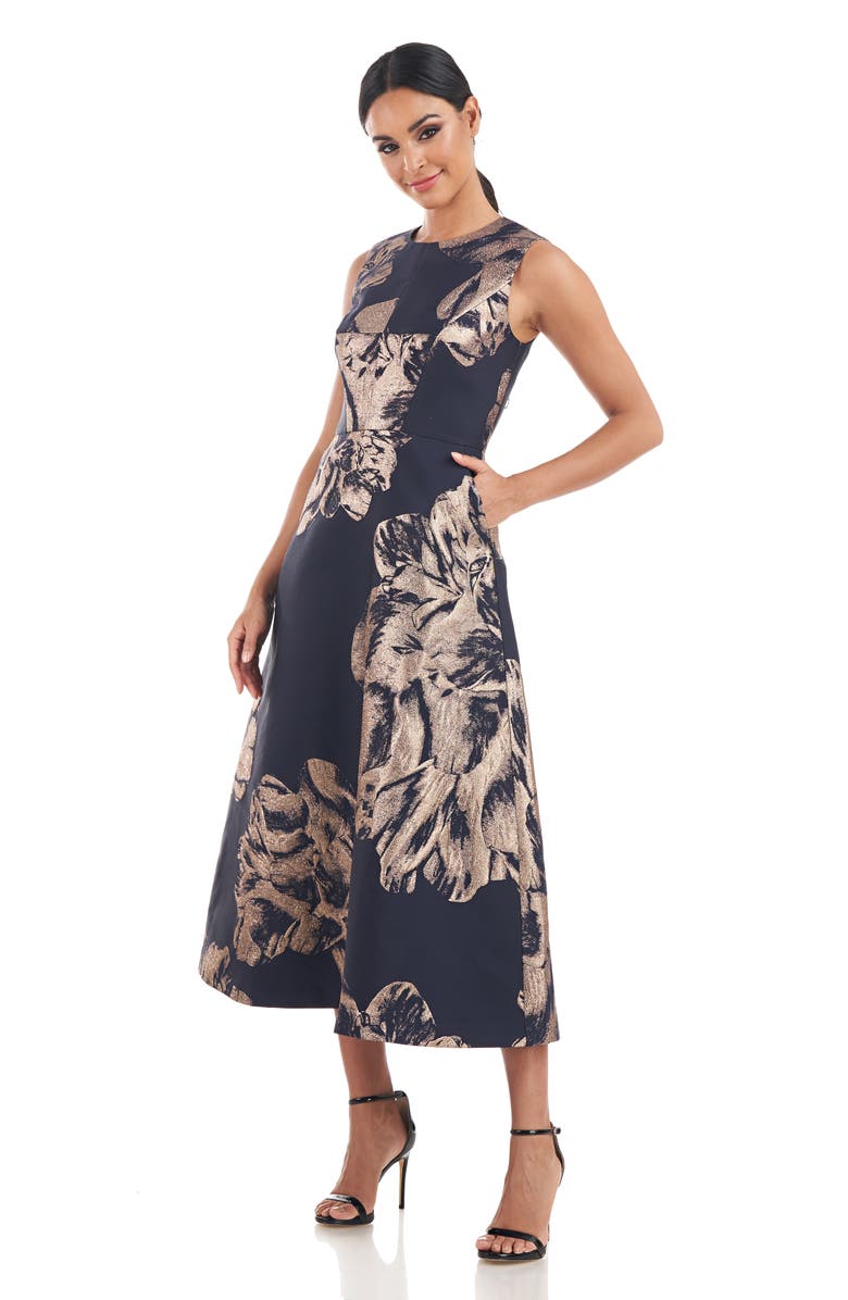 Kay Unger Molly Floral Metallic Jacquard A-Line Midi Dress, Alternate, color,