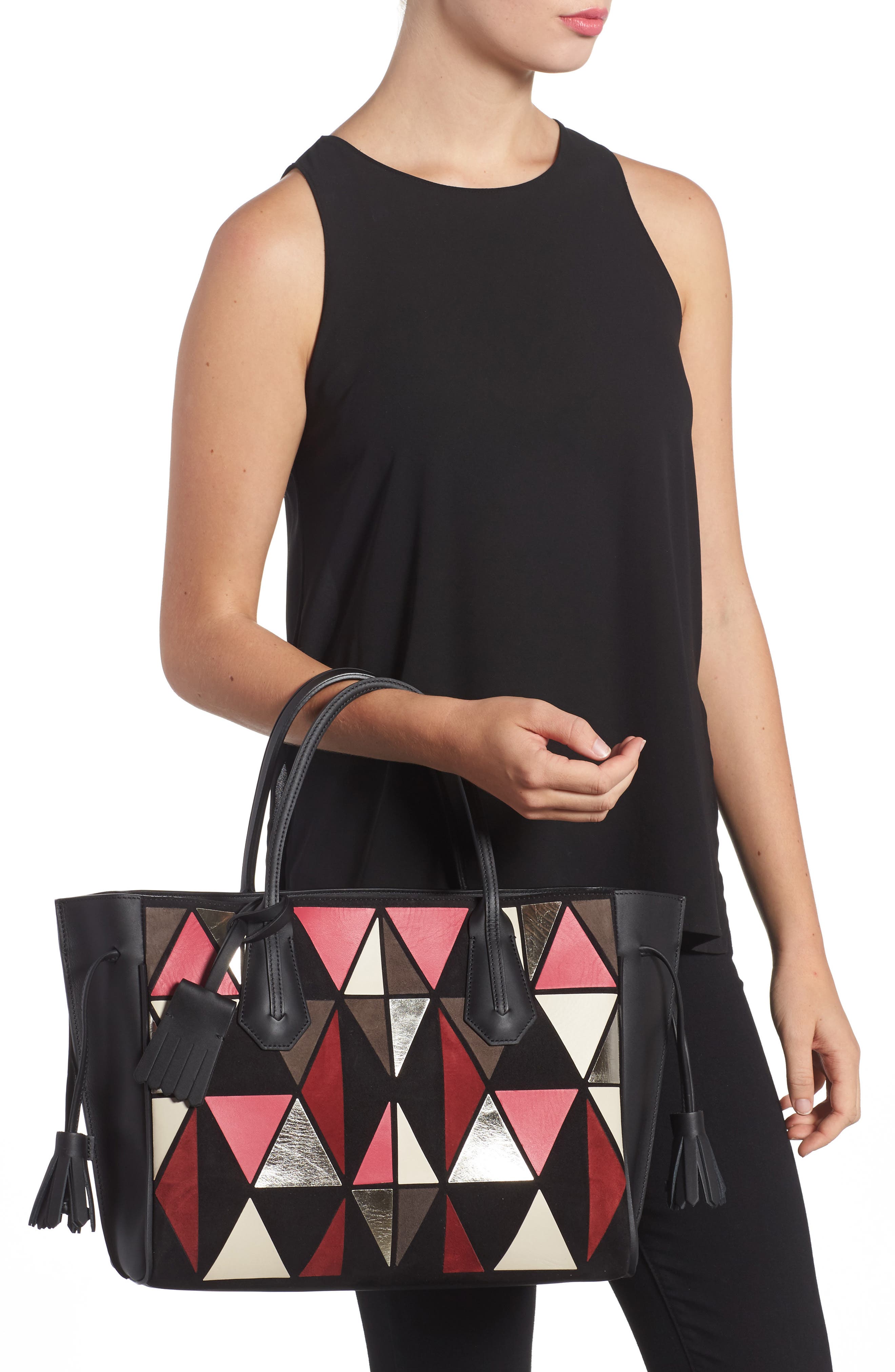 Longchamp Penelope Arty Medium Leather & Suede Tote, Alternate, color, Red