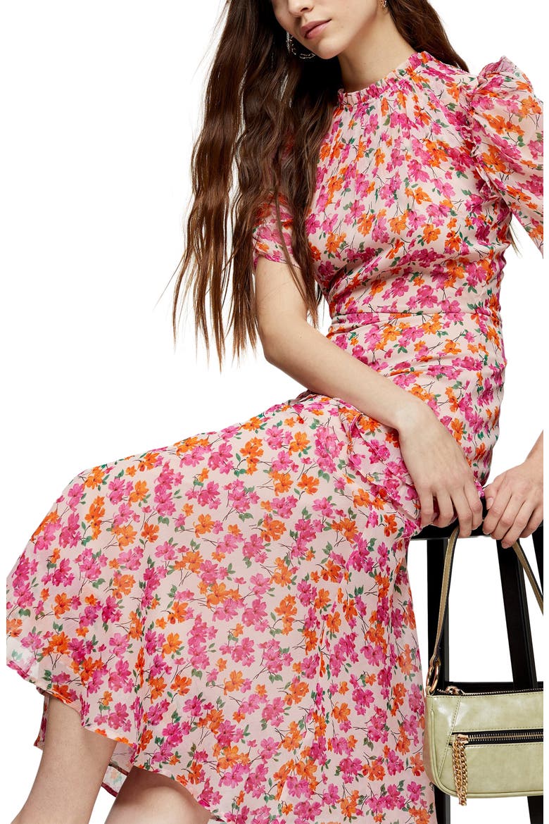Floral Ruffle Midi Dress, Alternate, color, PINK MULTI