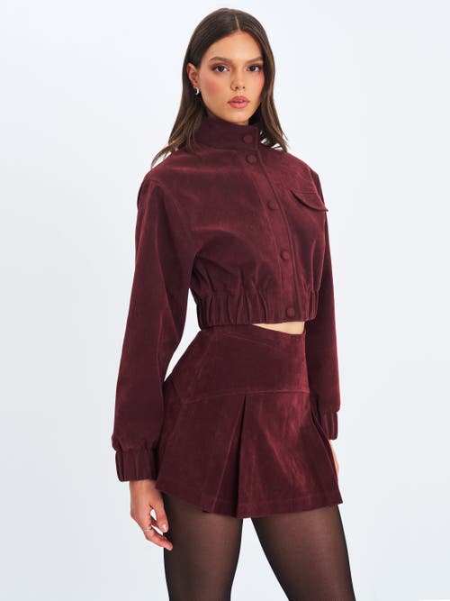 Miss Circle Farryn Vegan Suede Cropped Bomber Jacket In Burgundy