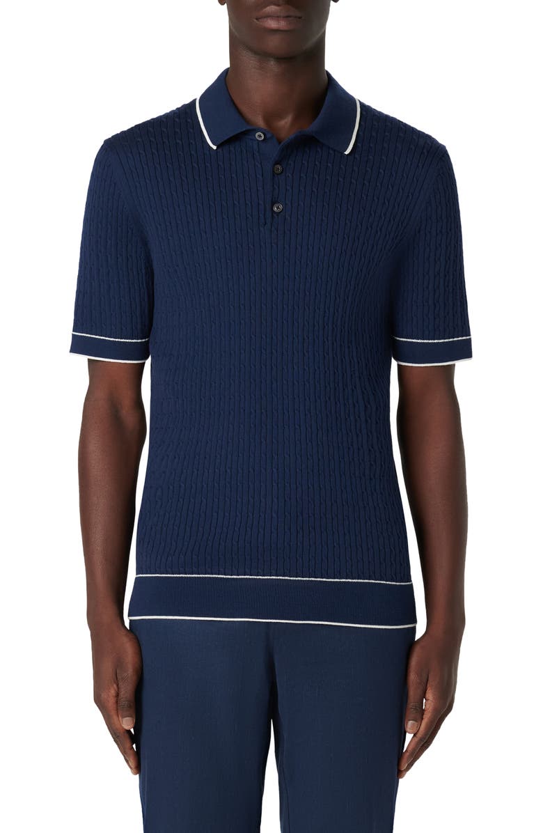 Bugatchi Tipped Rib Cable Stitch Polo Sweater, Main, color, Navy