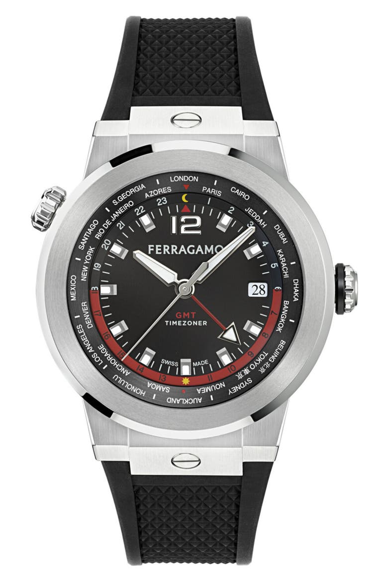 F-80 GMT Worldtime Rubber Strap Watch, Main, color, STAINLESS STEEL