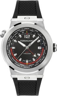 FERRAGAMO F-80 GMT Worldtime Rubber Strap Watch