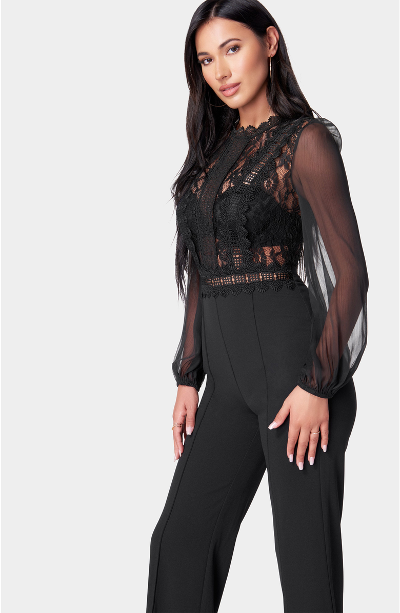 bebe Lace Top Straight Leg Jumpsuit, Alternate, color, Black