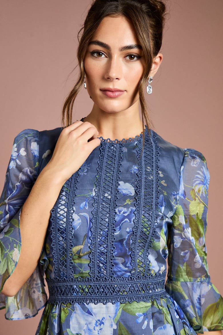 Placement Print Organza Midi Dress, Alternate, color, Blue