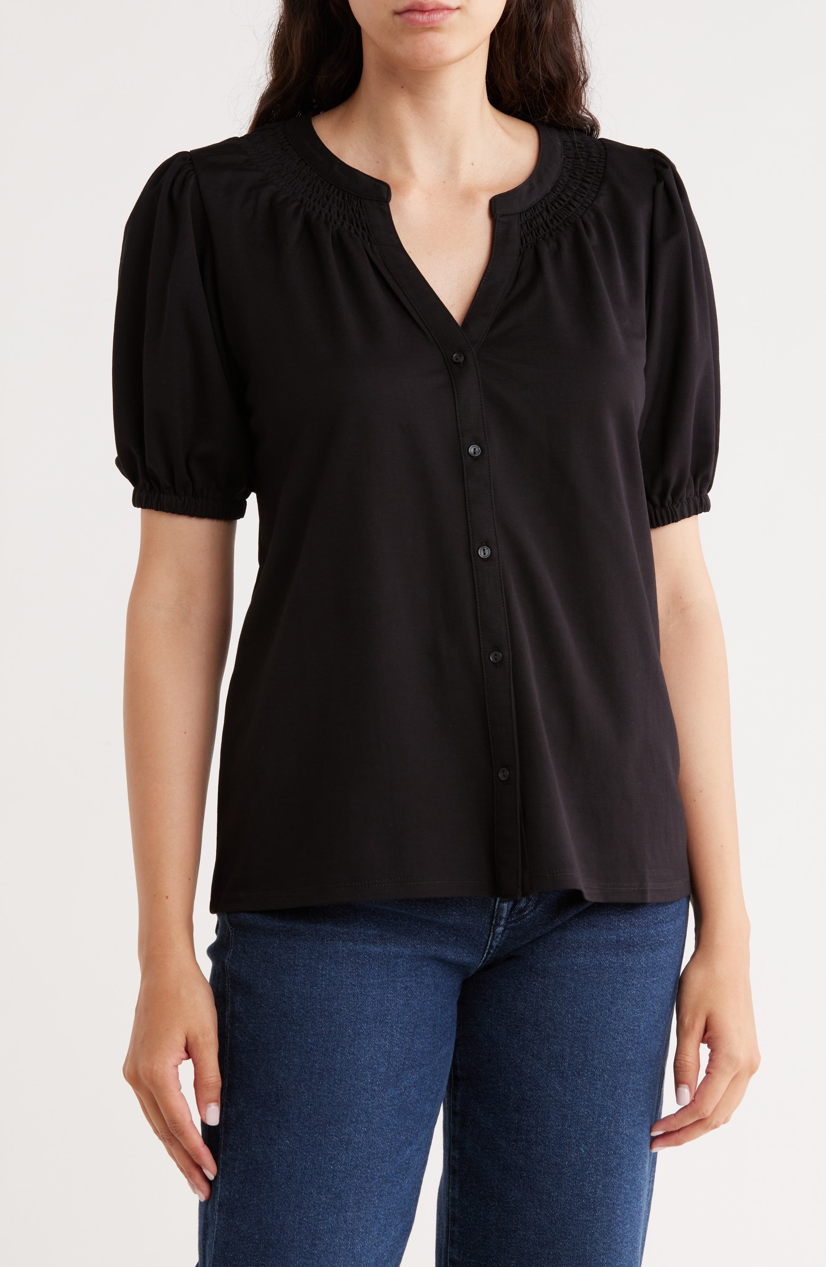 Bobeau Short Sleeve Piqué Knit Button-Up Shirt