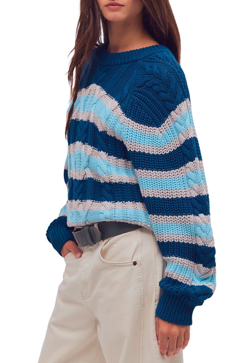 Frankie Stripe Cable Stitch Cotton Sweater, Alternate, color, TEAL COMBO