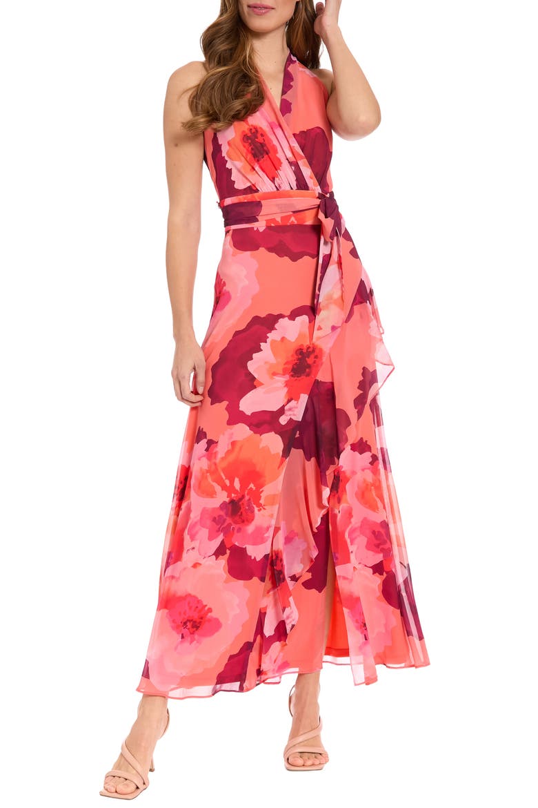 Floral Halter Maxi Dress, Main, color, CORAL/ BOYSENBERRY