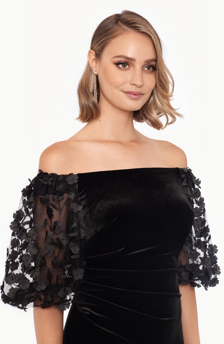 Xscape Evenings Floral Appliqué Off the Shoulder Velvet Gown, Alternate, color, 