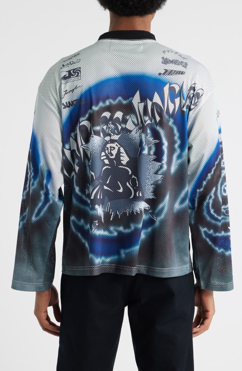 JUNGLES Boxy Moto Mesh Jersey Top, Alternate, color, White/Black/Blue