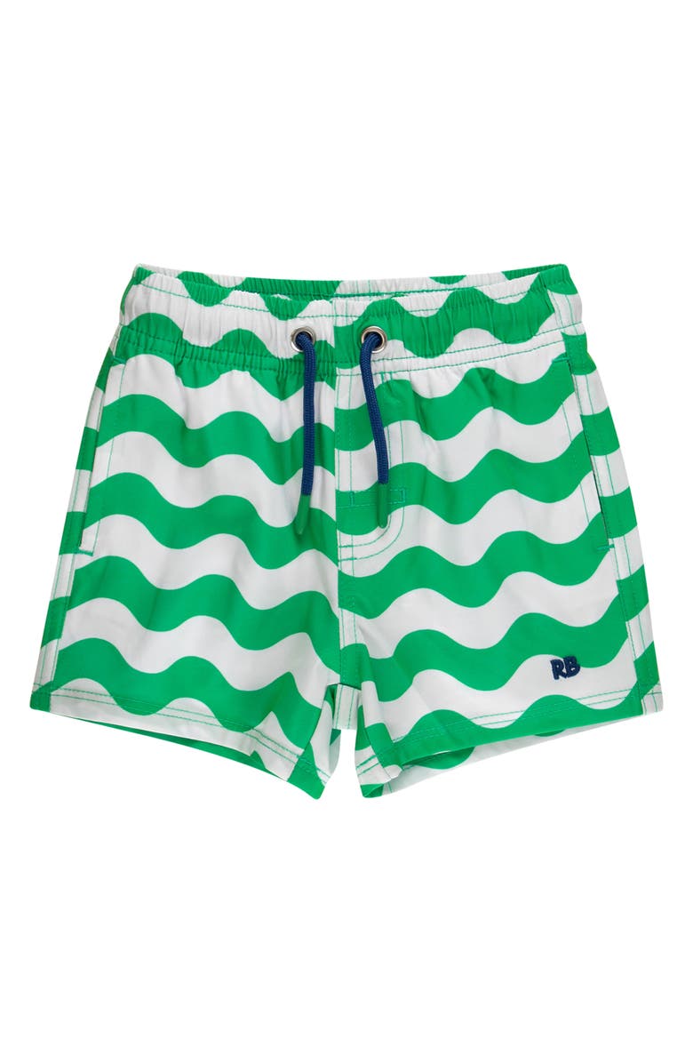 RuggedButts Kids' Wavy Stripe UPF 50+ Swim Trunks, Main, color, Green