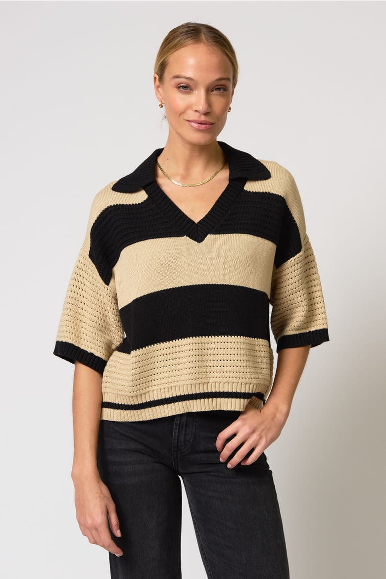 Dean Mixed Stitch Rugby Sweater, Main, color, Black/Beige
