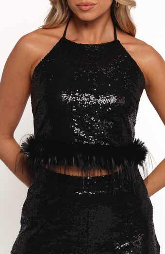 Petal & Pup Della Feather Trim Sequin Halter Top