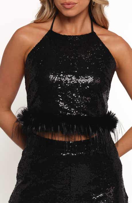 Petal & Pup Della Feather Trim Sequin Halter Top