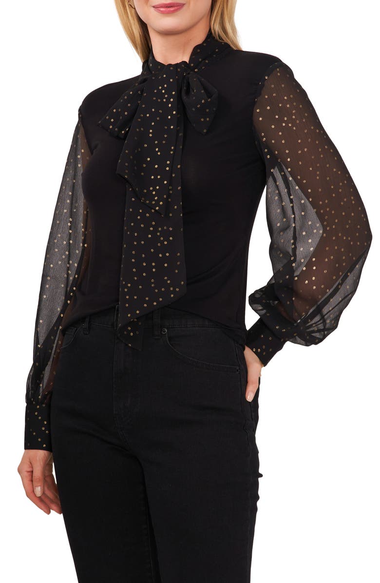 Vince Camuto Metallic Tie Neck Mixed Media Top, Main, color, 