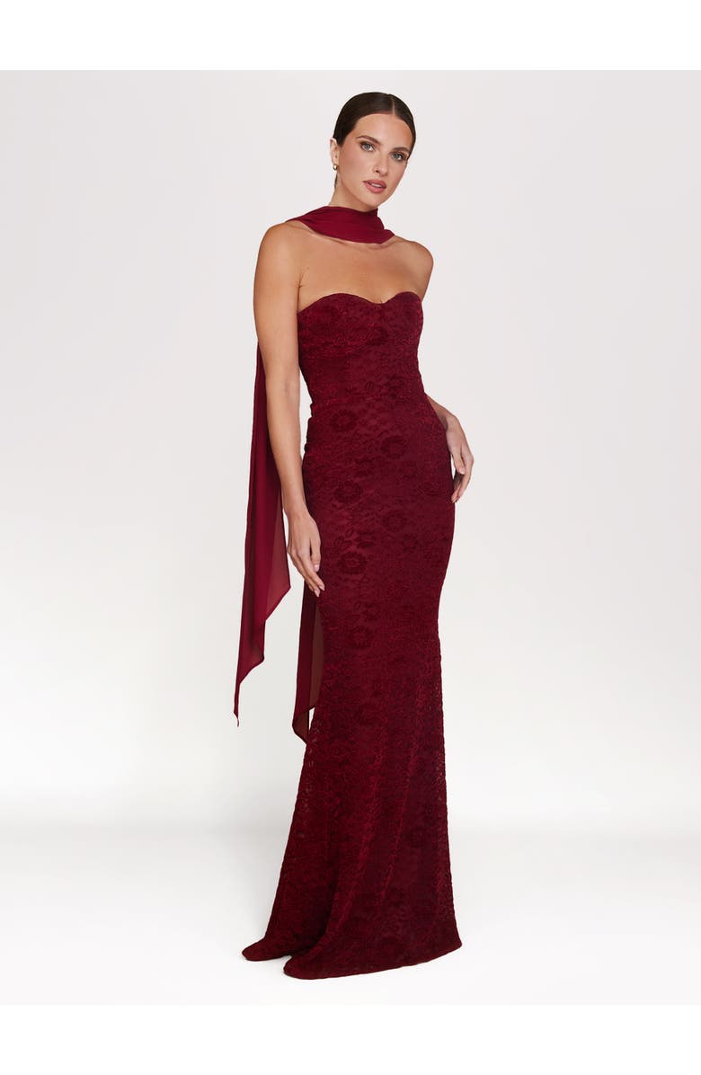 Six Stories Velvet Lace Corset Bandeau Maxi Dress, Main, color, Wine