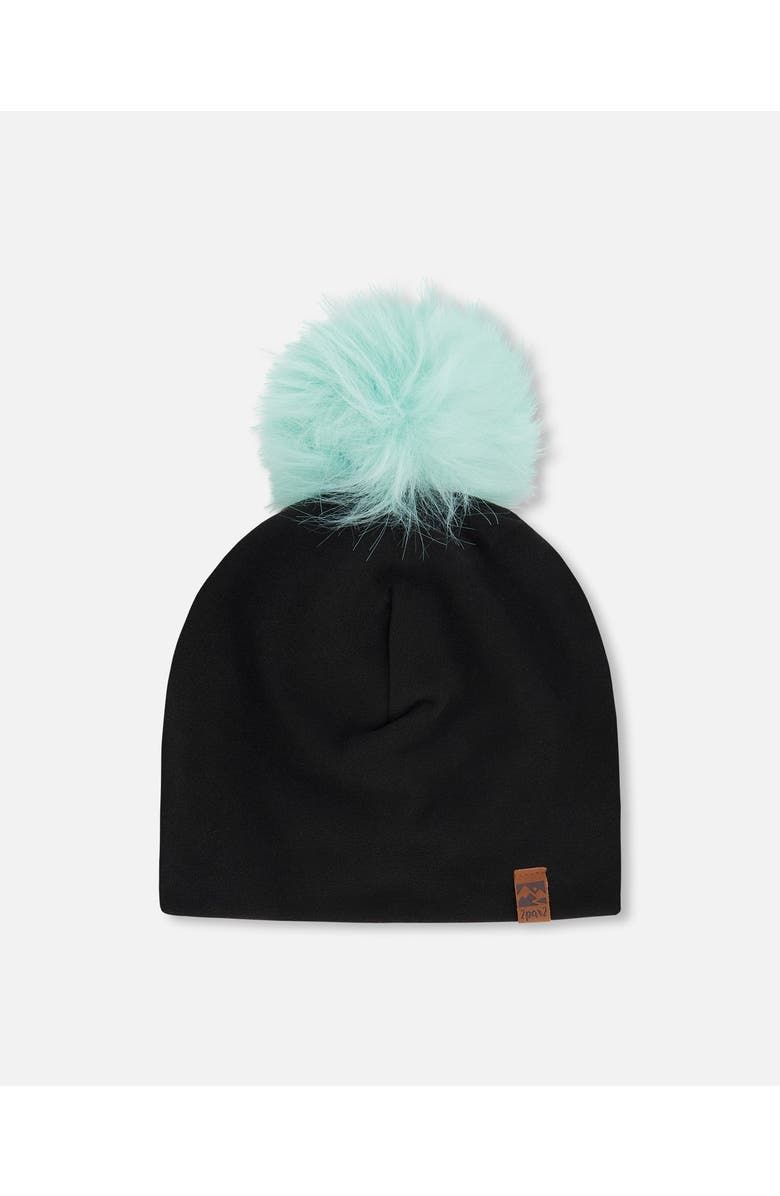 Deux par Deux Stretch Jersey Hat with Pompom, Main, color, Black