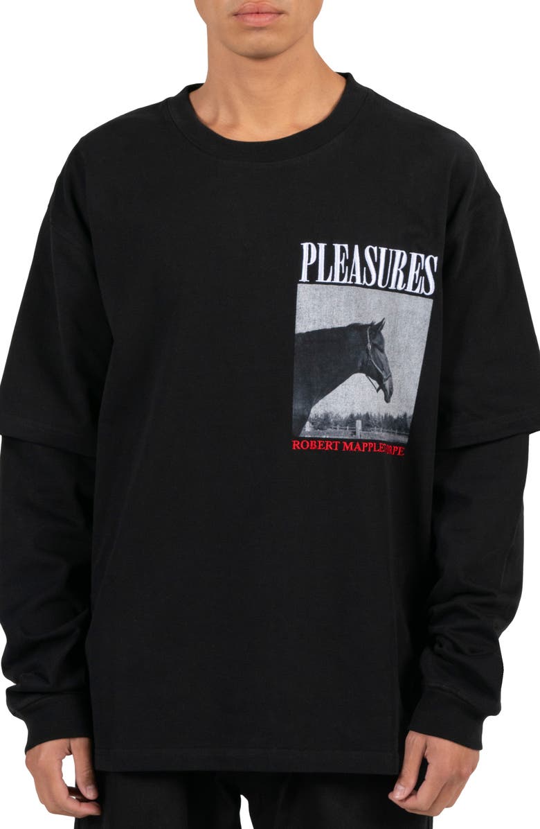 PLEASURES Horses Faux Layered Long Sleeve Graphic T-Shirt, Main, color,