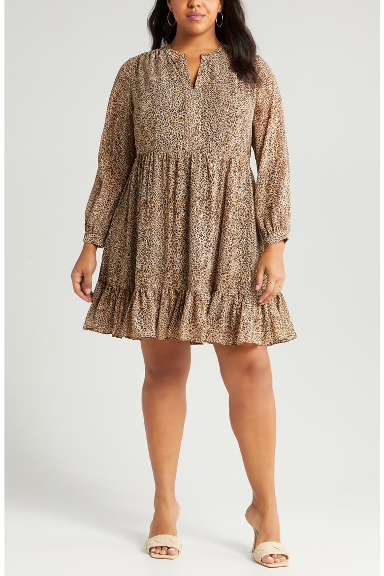 Leopard Print Ruffle Hem Long Sleeve Dress, Alternate, color, FOXTROT