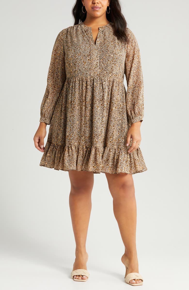 Vince Camuto Leopard Print Ruffle Hem Long Sleeve Dress, Alternate, color,