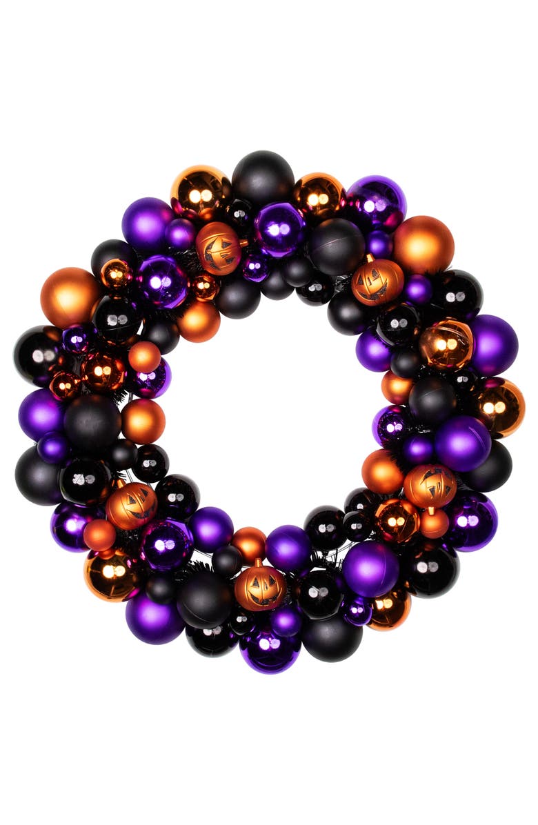 Northlight Jack-O-Lanterns Shatterproof Ball Ornament Halloween Wreath - 24" - Unlit, Main, color, 