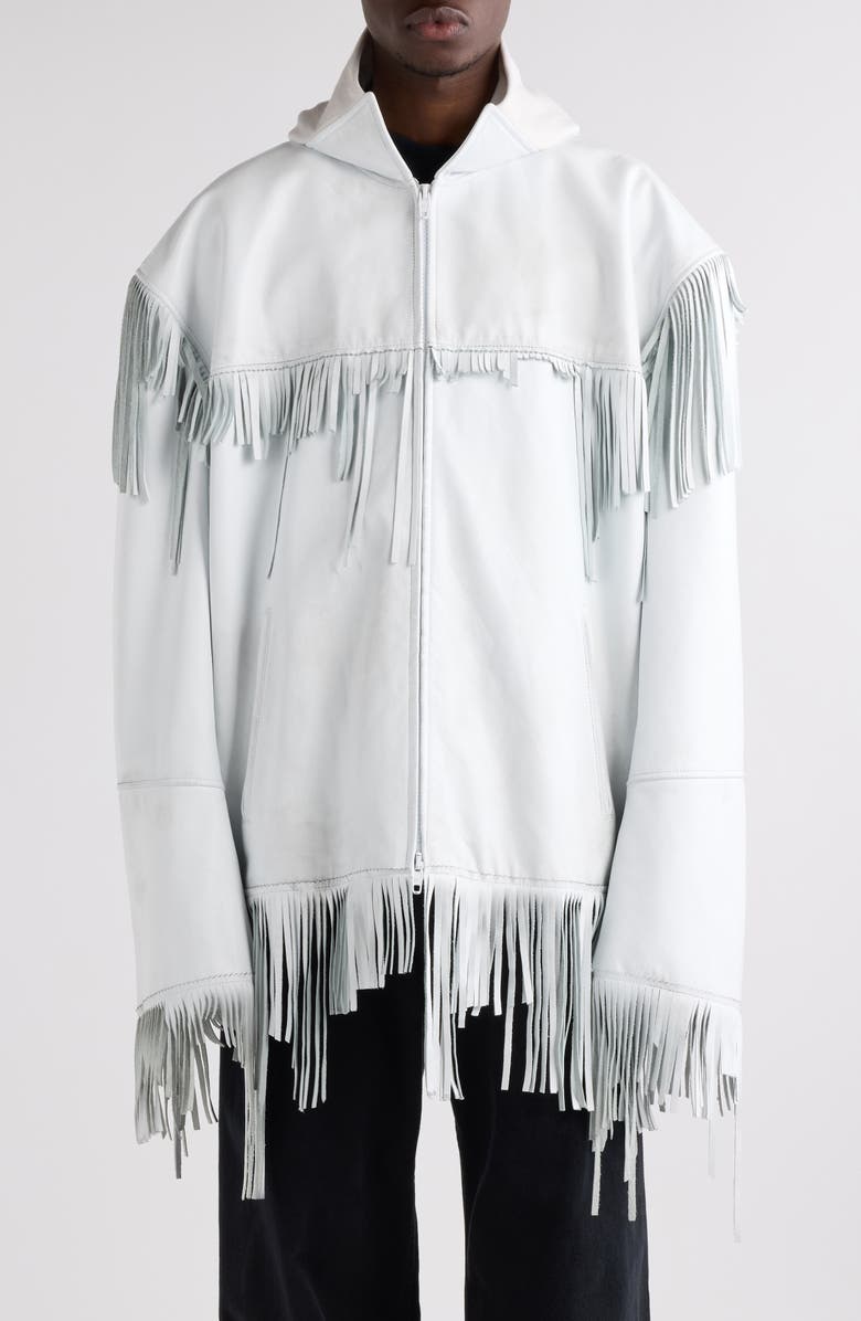 Balenciaga Fringe Leather Hooded Jacket, Main, color, 9000 White