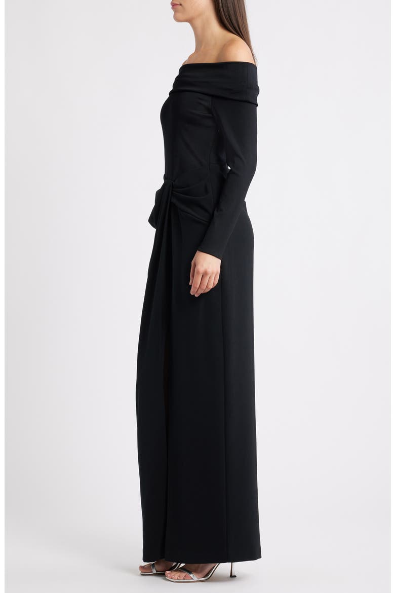 Off the Shoulder Long Sleeve Rib & Crepe Gown, Alternate, color, BLACK