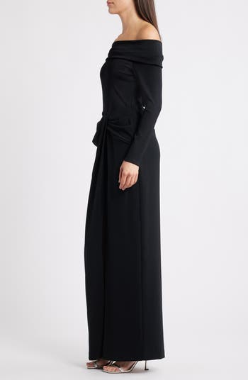 Off the Shoulder Long Sleeve Rib & Crepe Gown