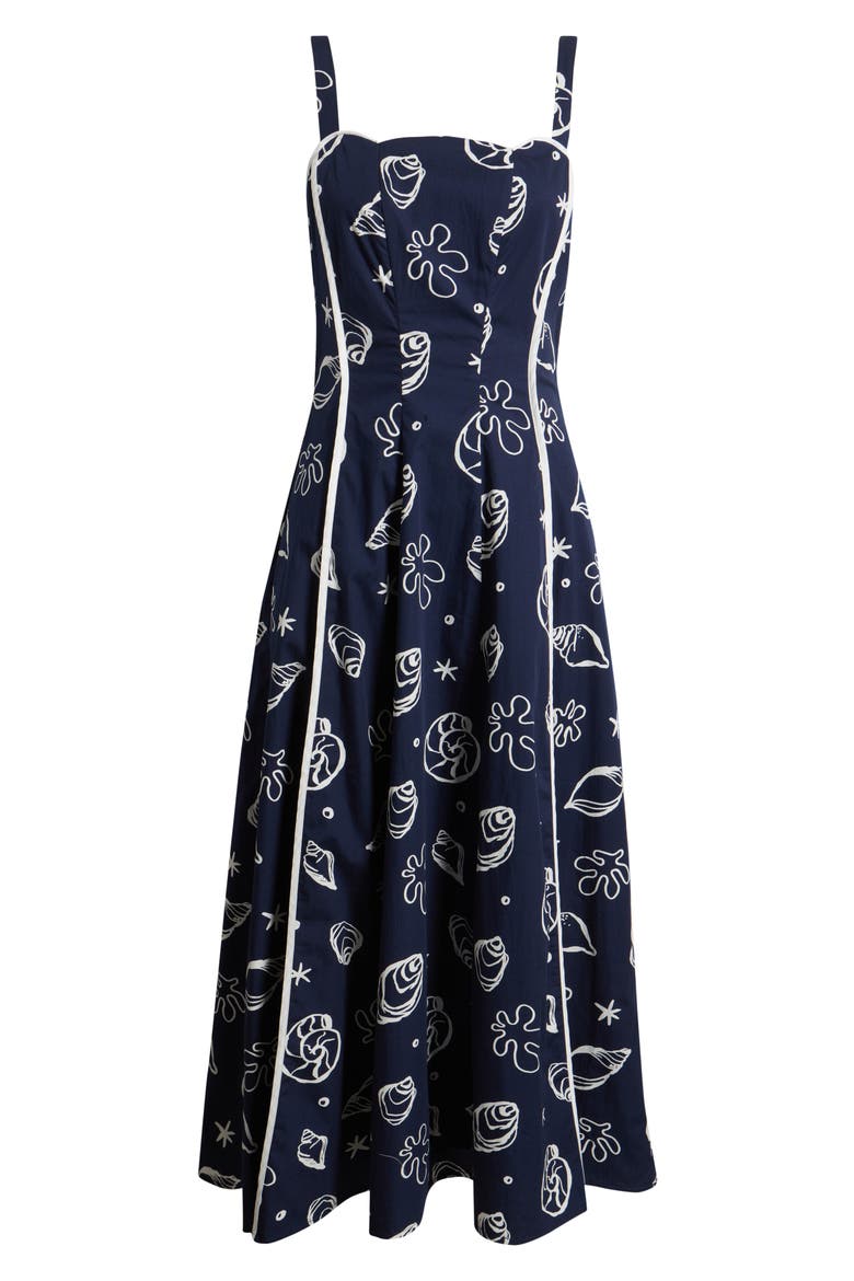 Shell Print Piped Cotton Midi Dress, Alternate, color, NAVY MULTI