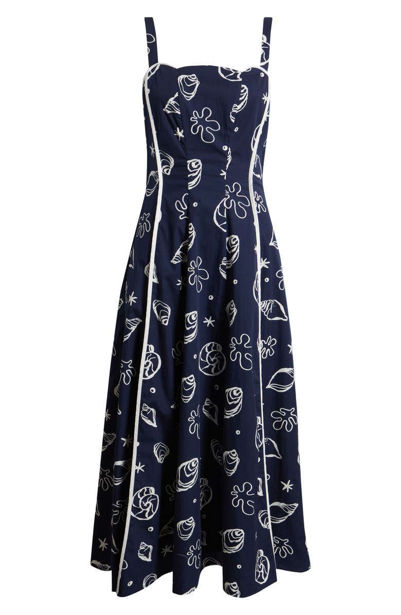 MOON RIVER Shell Print Piped Cotton Midi Dress, Alternate, color, Navy Multi
